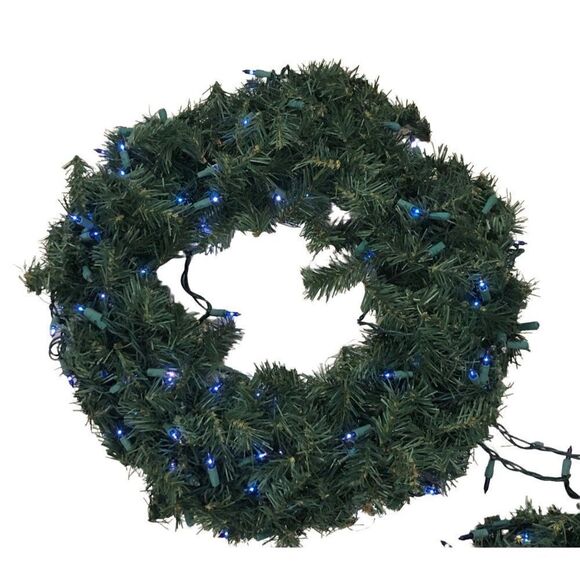 Vintage Pine Artificial Christmas Wreath Pre-lit Blue Lights 18" - Picture 1 of 2
